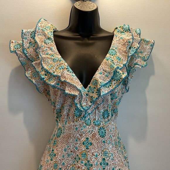 Poupette St Barth Long Dress Della Aqua Ceramique Embroidered Cotton XS - Picture 3 of 11